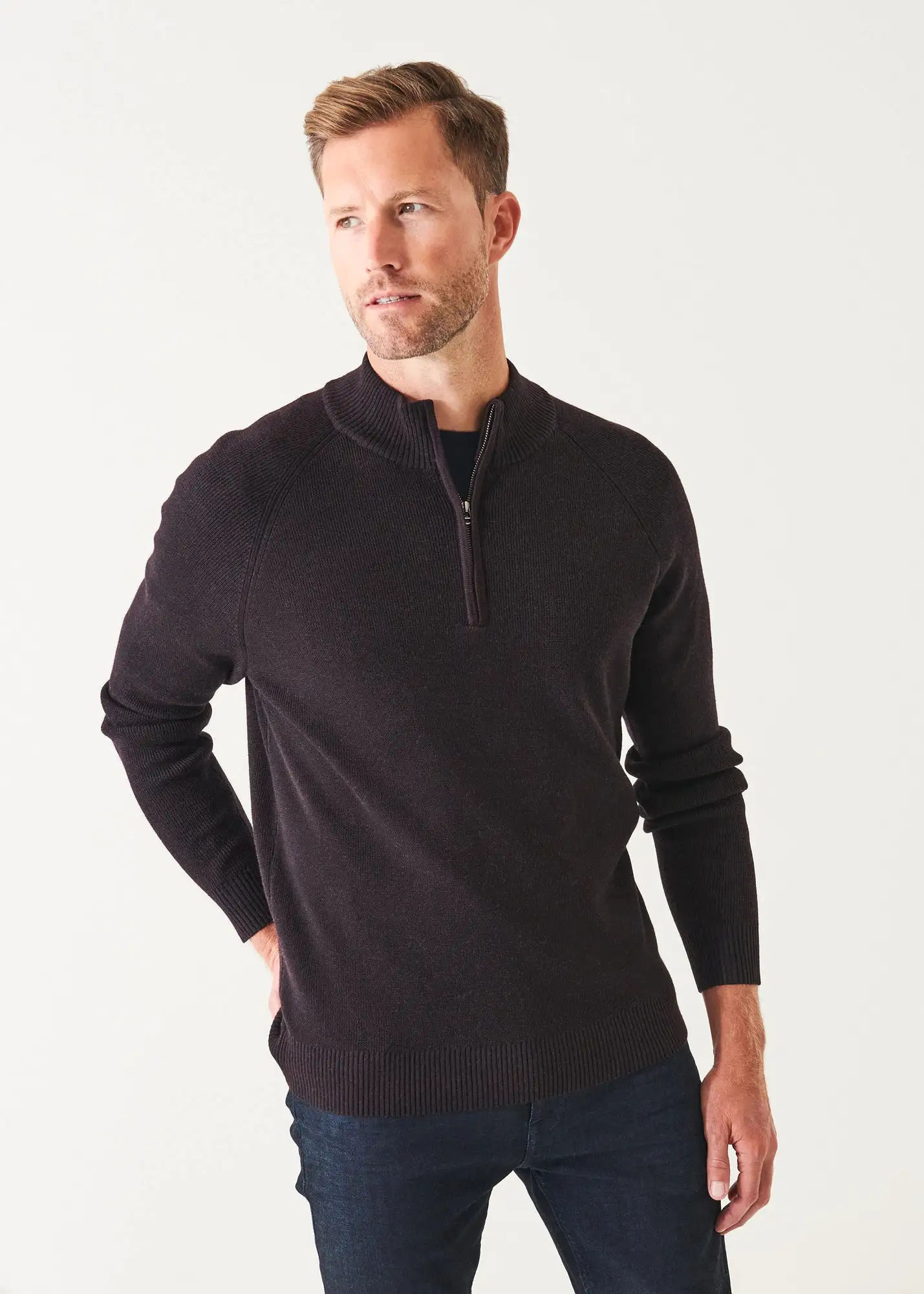 PLAITED RIBBED QUARTER-ZIP MOCK