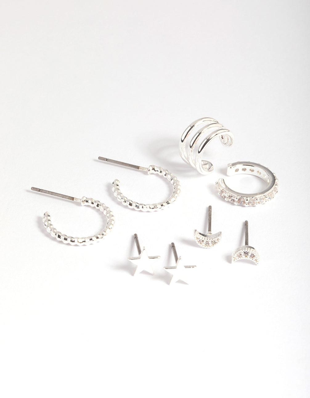 Silver Plated Star & Moon Stud Earring 8-Pack