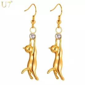 U7 3D Cute Cat Dangle Earring for Women White Rhinestone Ball Chic Daily Jewelry Pet Animal Charm Dangle Earring