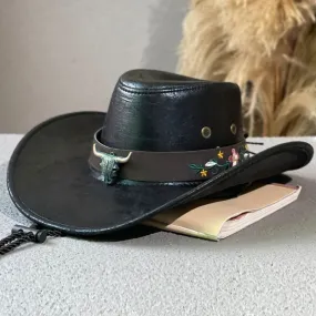 Unisex Vintage Synthetic Leather Cow Head Decor Western Cowboy Hat