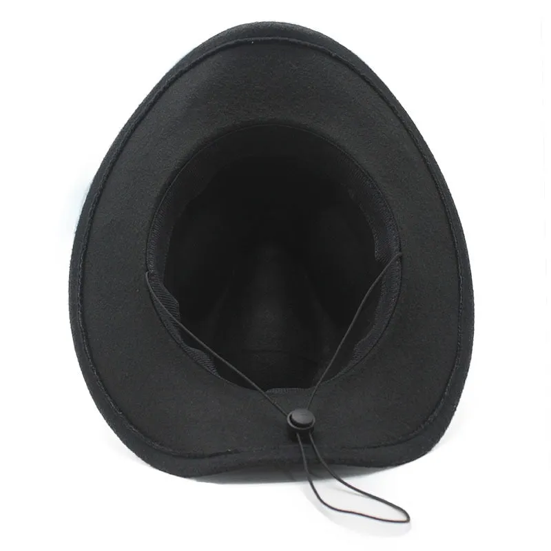 Unisex Western Leather Belt Decorated Wide Brim Felt Cowboy Trilby Hat