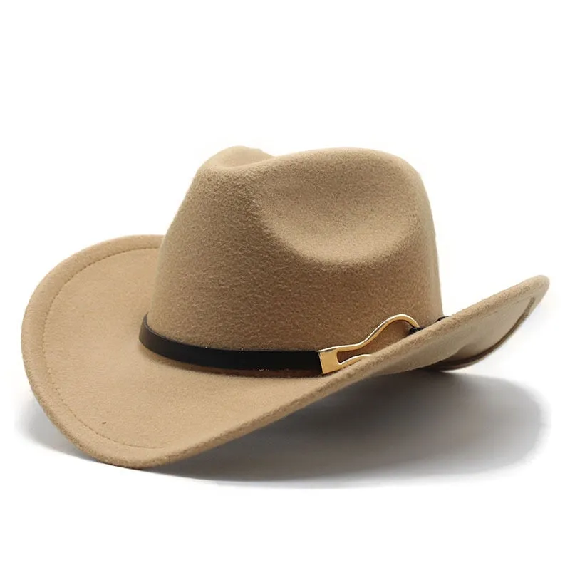 Unisex Western Leather Belt Decorated Wide Brim Felt Cowboy Trilby Hat