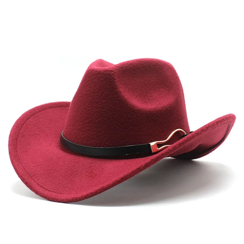 Unisex Western Leather Belt Decorated Wide Brim Felt Cowboy Trilby Hat