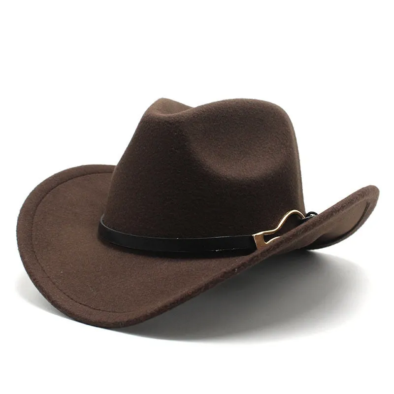 Unisex Western Leather Belt Decorated Wide Brim Felt Cowboy Trilby Hat