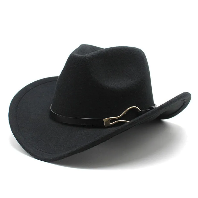 Unisex Western Leather Belt Decorated Wide Brim Felt Cowboy Trilby Hat