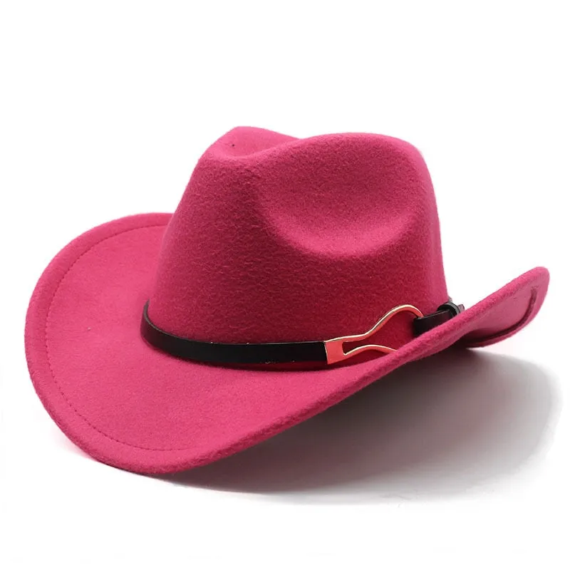 Unisex Western Leather Belt Decorated Wide Brim Felt Cowboy Trilby Hat