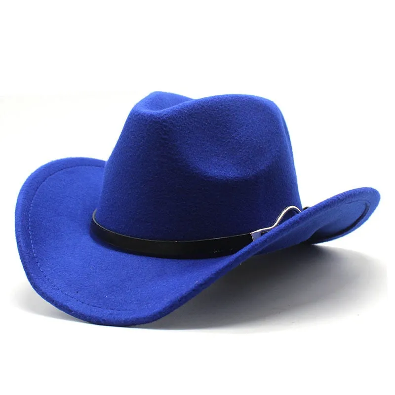 Unisex Western Leather Belt Decorated Wide Brim Felt Cowboy Trilby Hat