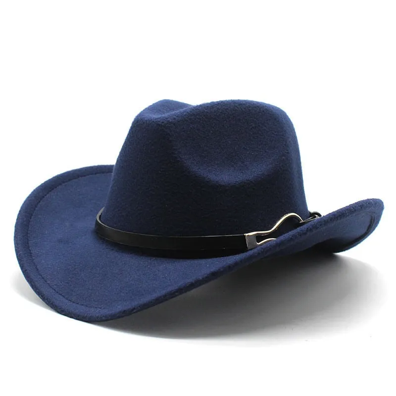 Unisex Western Leather Belt Decorated Wide Brim Felt Cowboy Trilby Hat