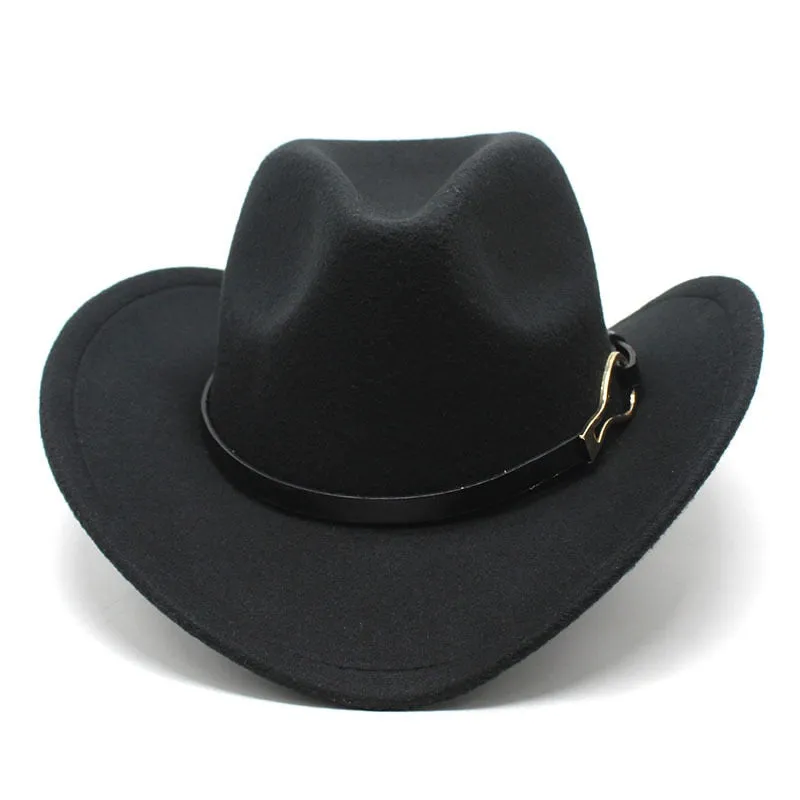 Unisex Western Leather Belt Decorated Wide Brim Felt Cowboy Trilby Hat