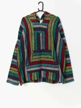 Vintage Baja stripped hoodie in bright multicolour pattern, Made in Mexico – Large