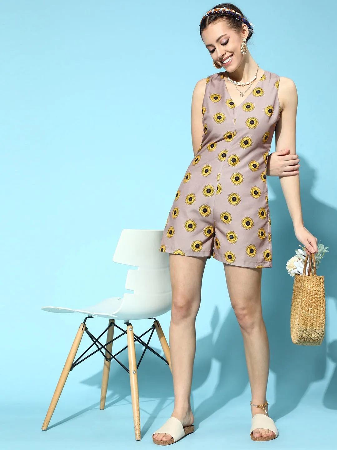 Women Beige Sunflower V-Neck Romper