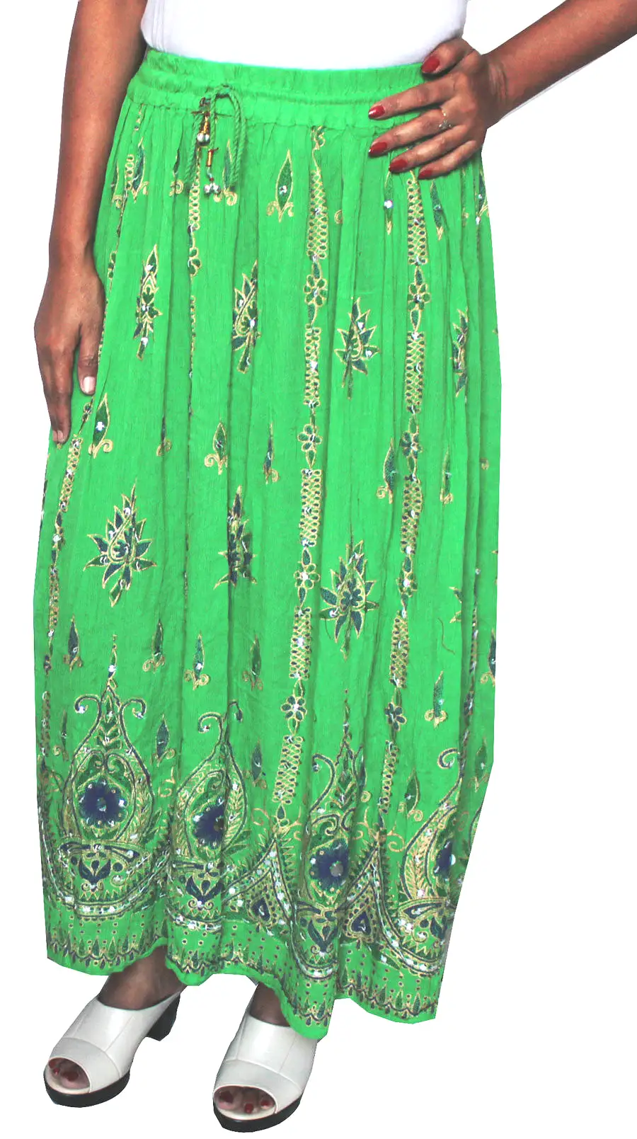 Womens India Long Skirts Sequins Ankle Length India Clothes (Green)