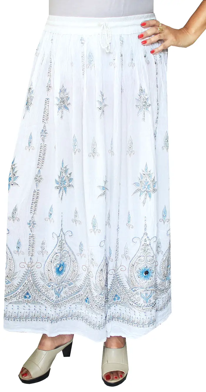 Womens Indian Long Skirts Sequins Ankle Length India Clothing (White)