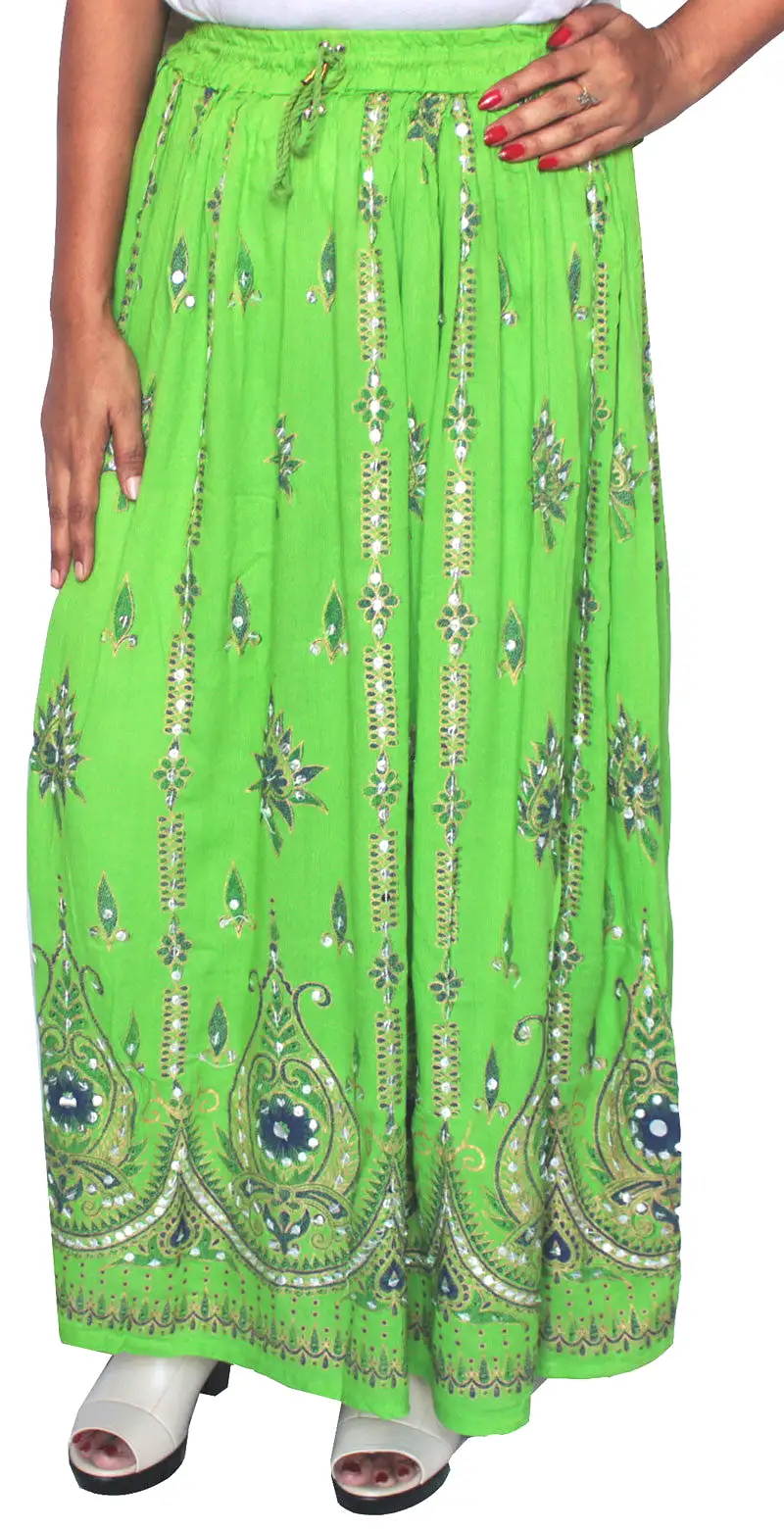 Womens Indian Long Skirts Sequins Maxi Length India Clothes (Green)