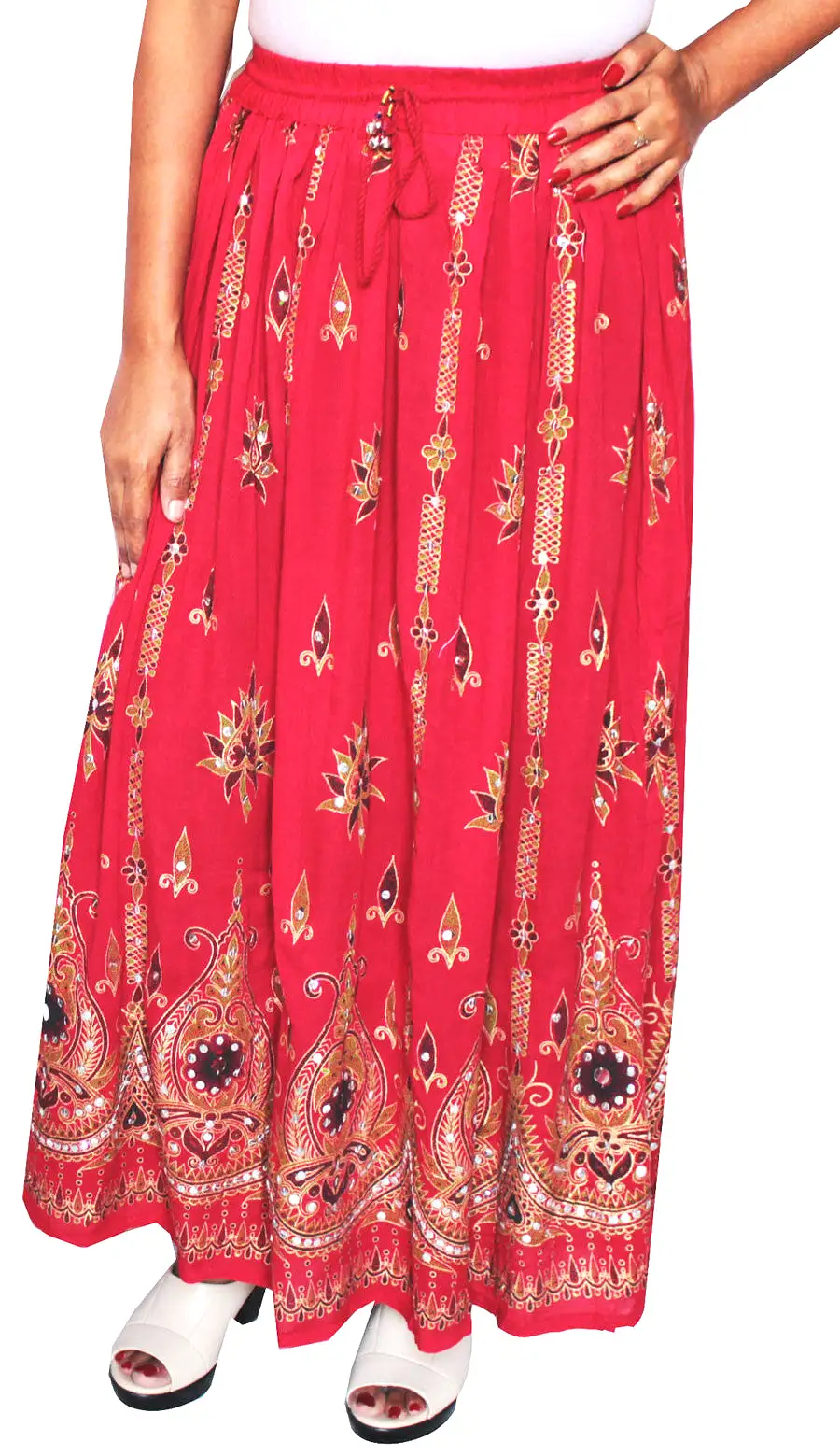 Womens Long Indian Skirts Sequins Ankle Length Rayon India (Red)