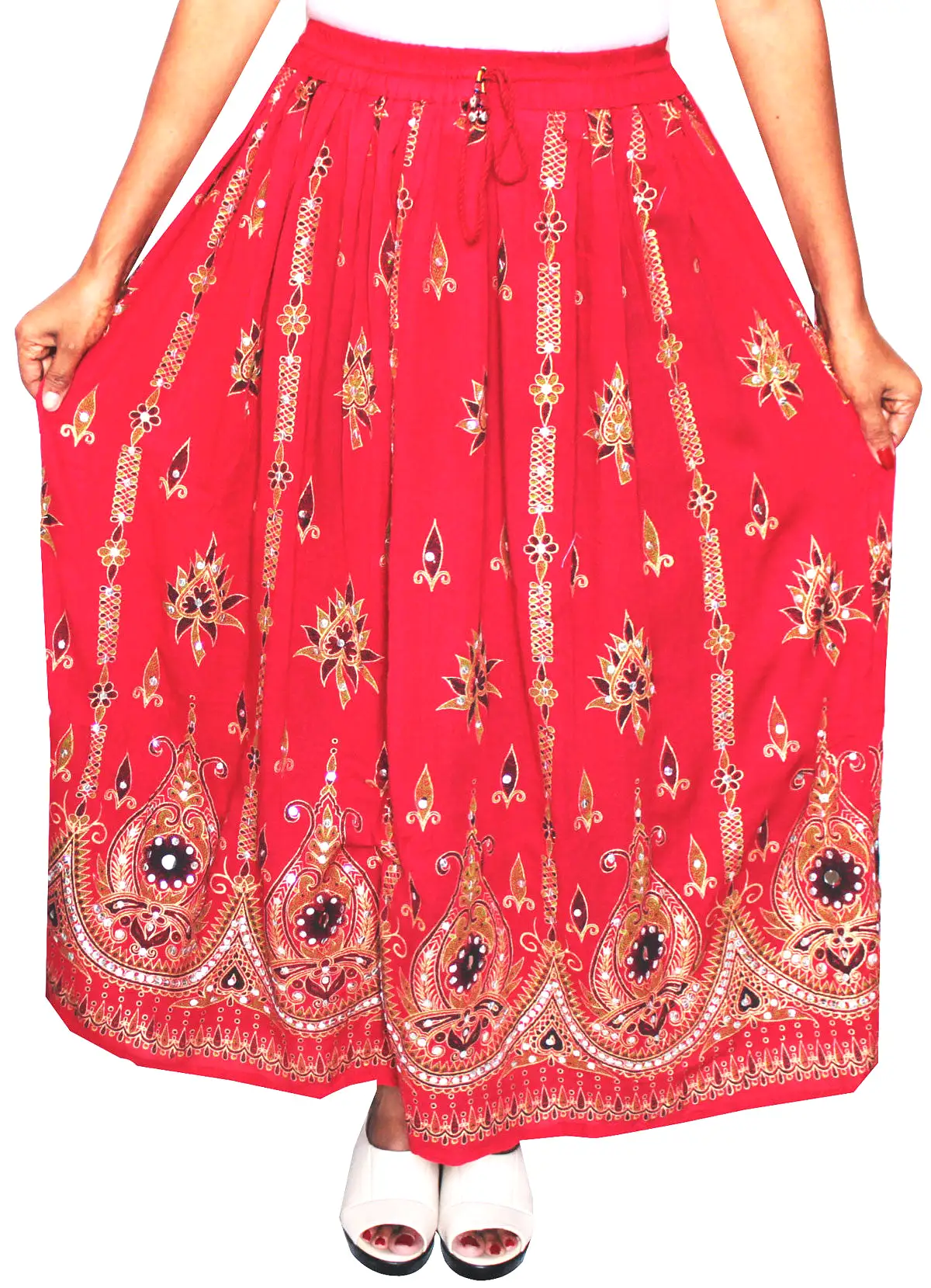 Womens Long Indian Skirts Sequins Ankle Length Rayon India (Red)