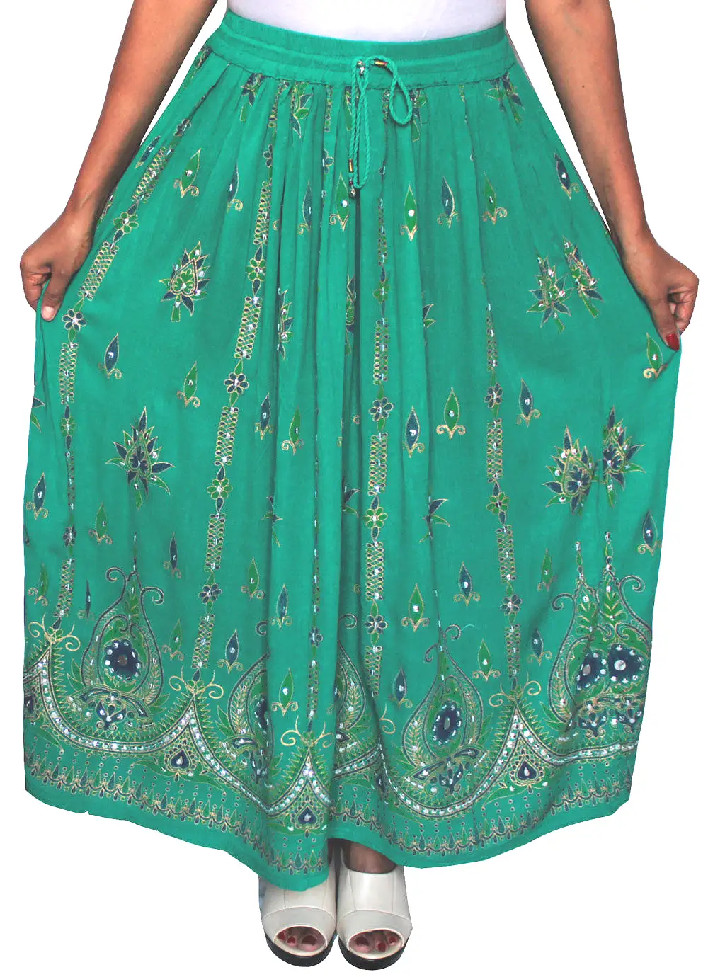 Womens Long Skirts Sequins Ankle Length India Apparel (Green)