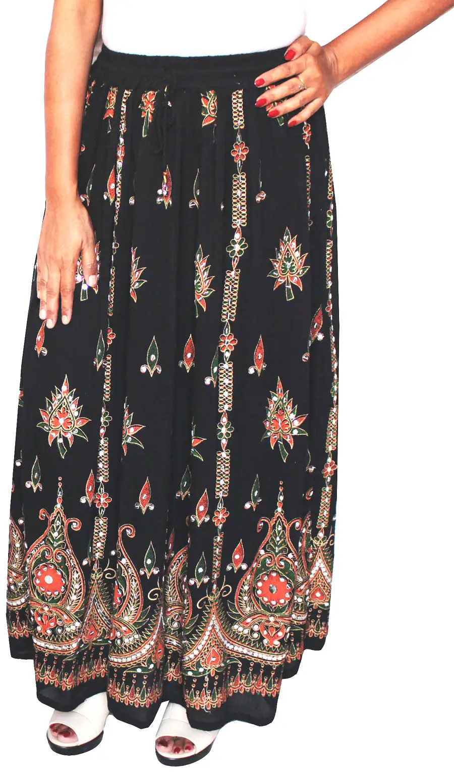 Womens Long Skirts Sequins Ankle Length Rayon India Clothes (Black)