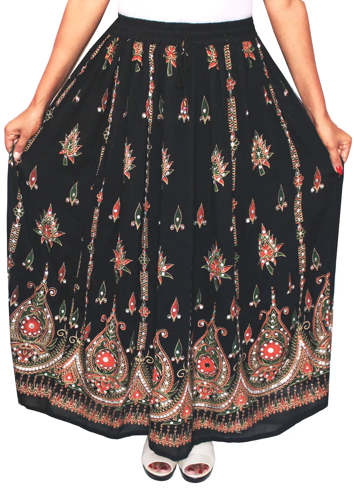 Womens Long Skirts Sequins Ankle Length Rayon India Clothes (Black)