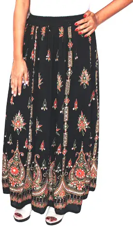 Womens Long Skirts Sequins Ankle Length Rayon India Clothes (Black)