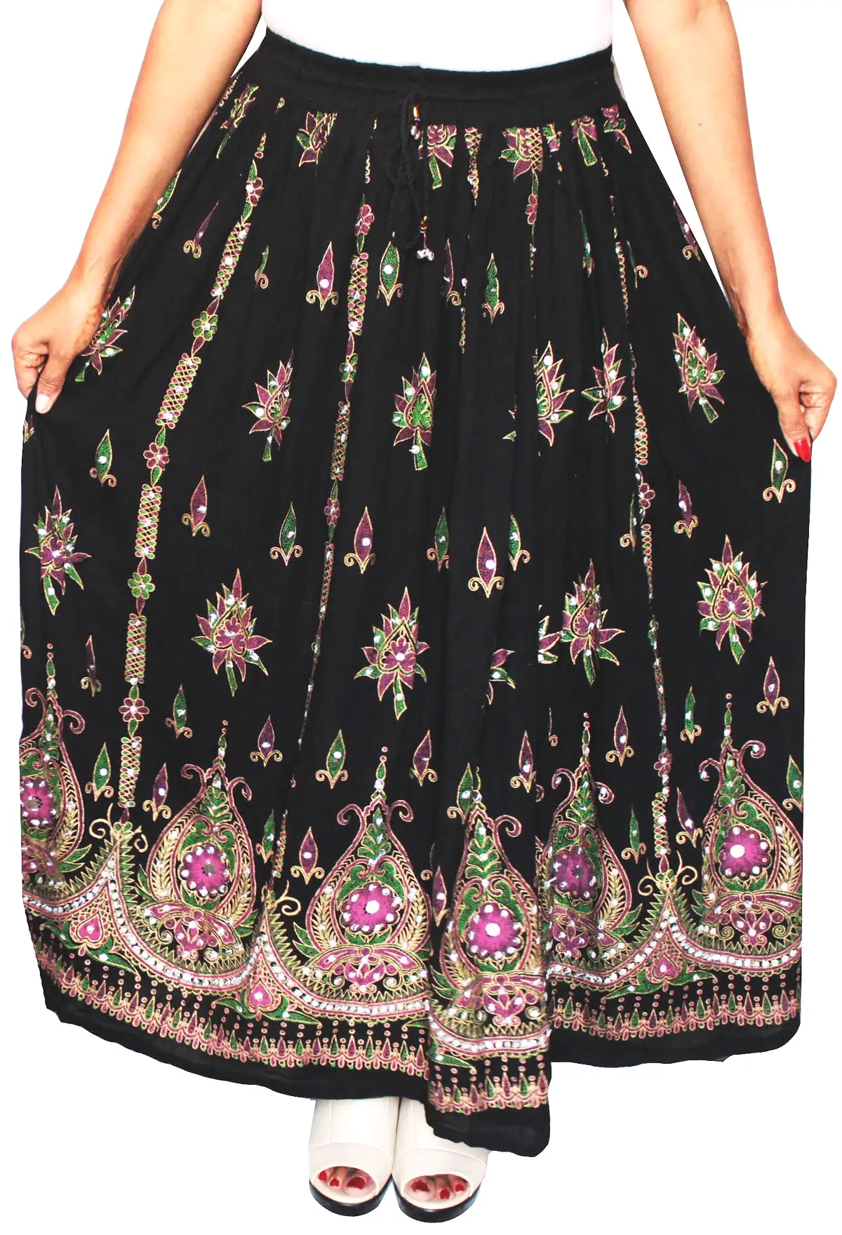 Womens Long Skirts Sequins Ankle Length Rayon India Clothes (Black)