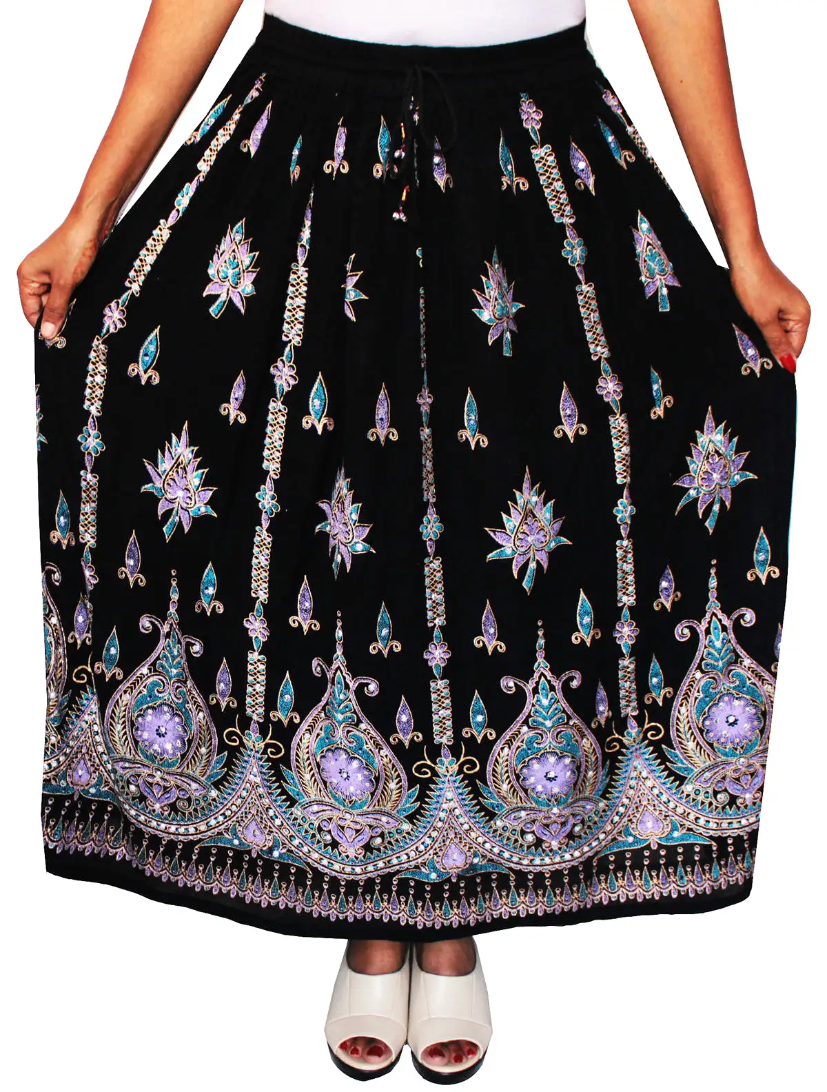 Womens Long Skirts Sequins Ankle Length Rayon India Clothes (Black)